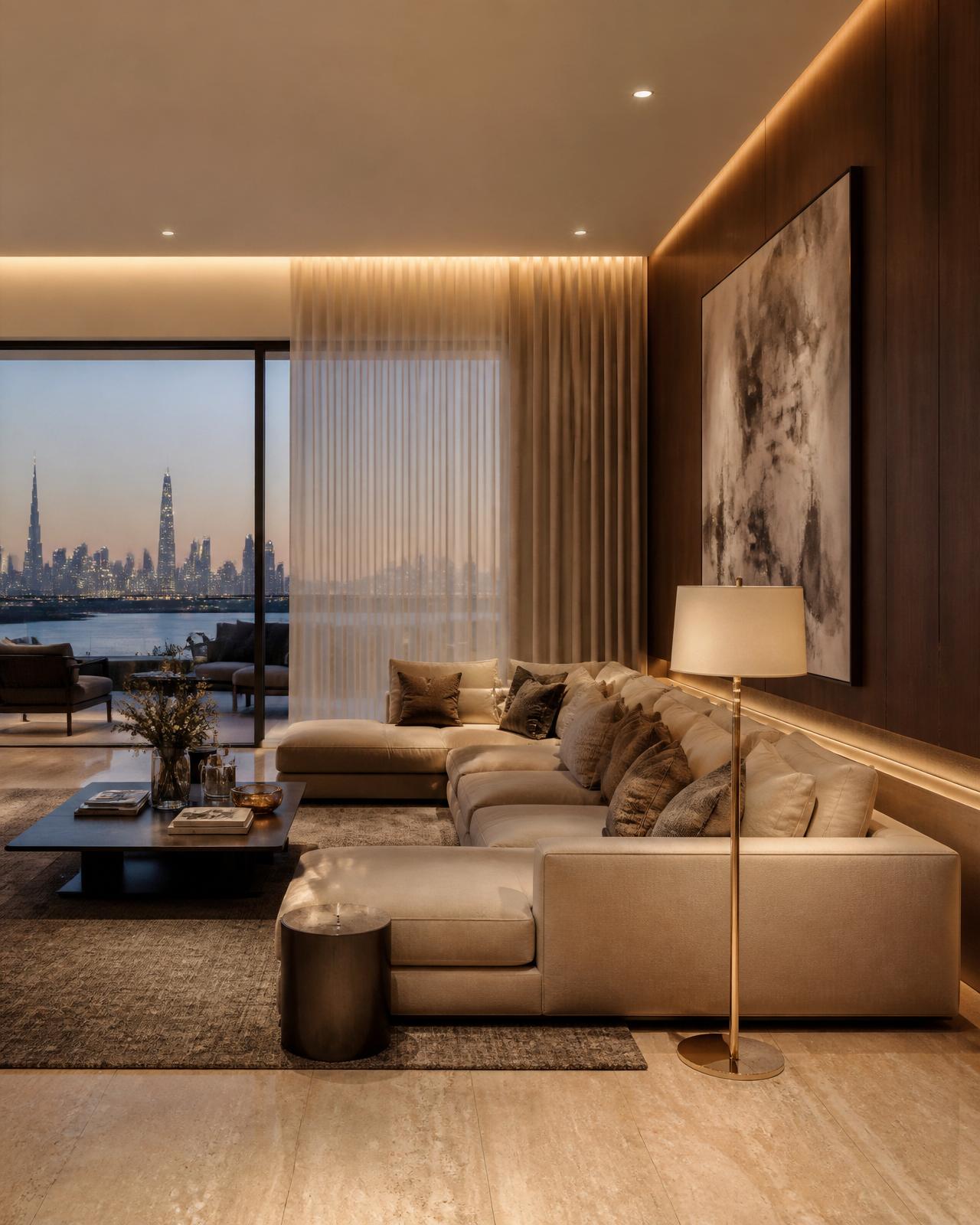 Luxury living room with smart ambient lighting and automated curtains